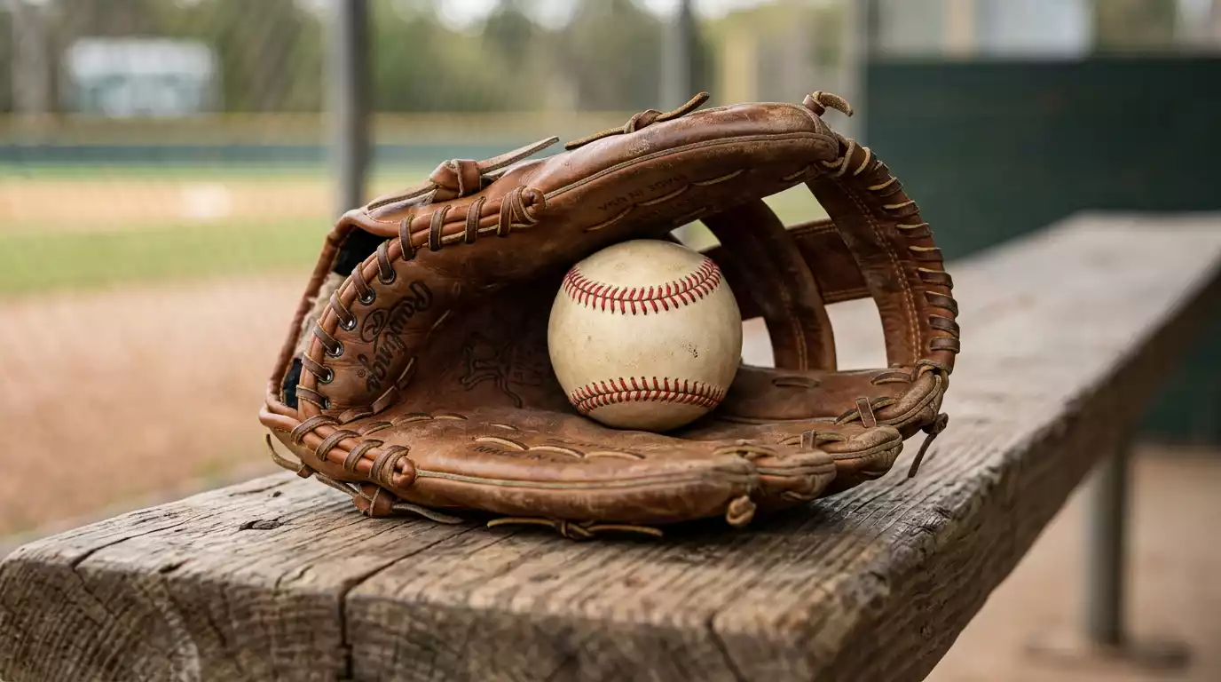 Worn brown leather Major League Baseball fielder's glove resting on a wooden dugout bench, regulation white baseball with red stitching tucked into the webbing