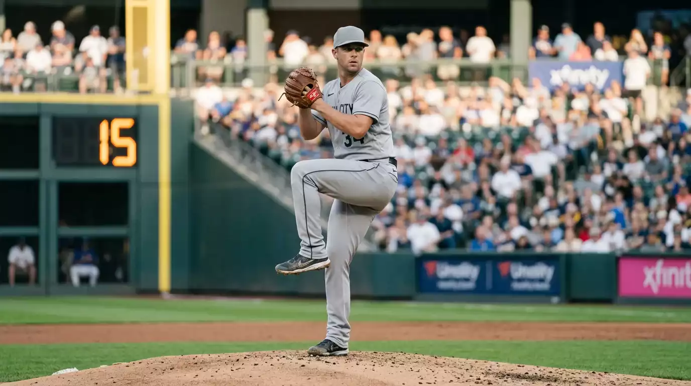 MLB pitcher on the mound during a daytime game with the pitch clock visible behind home plate